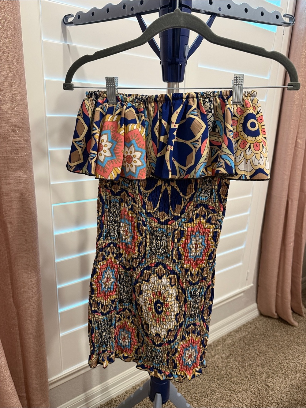 SHEIN Navy Multicolor Off-Shoulder Smocked Midi Skirt